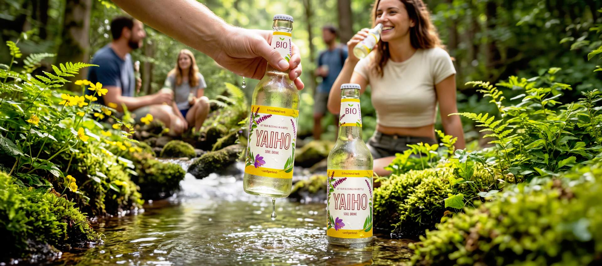 YAIHO Bio Soul Drink im Wald am Bach mit Freunden, natürlicher Frische und feinperlendem Ayurveda-Erfrischungsgetränk