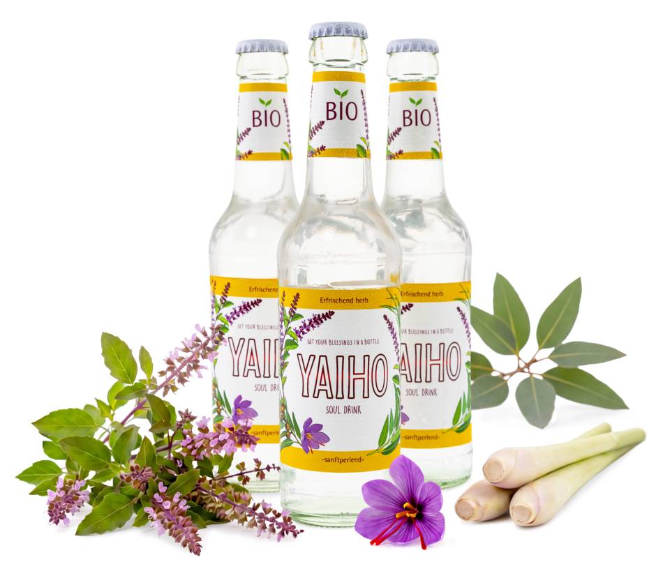 YAIHO Bio Soul Drink in Glasflaschen mit Königsbasilikum, Eukalyptus, Safranblüte und Lemongras als natürliche Hauptzutaten